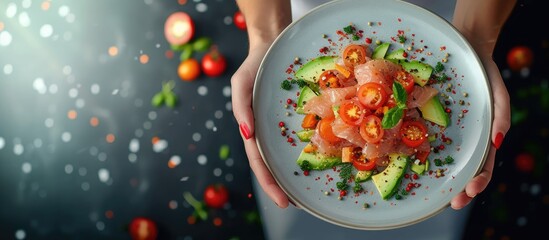 Crop unrecognizable female chef in apron standing with plate of delectable tartare made of fish with avocado and tomatoes. with copy space image. Place for adding text or design - obrazy, fototapety, plakaty