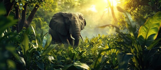 Wildlife safari Eco travel in the jungle with wild animals elephants Tropical tourism in the wild life of elephants Road trip jungle eco safari Elephant wild life safari trip. with copy space image - obrazy, fototapety, plakaty