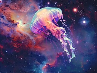 A vivid three-dimensional portrayal of a luminous jellyfish casting a soft glow set against the swirling nebulae and glittering stars of a mesmerizing galaxy