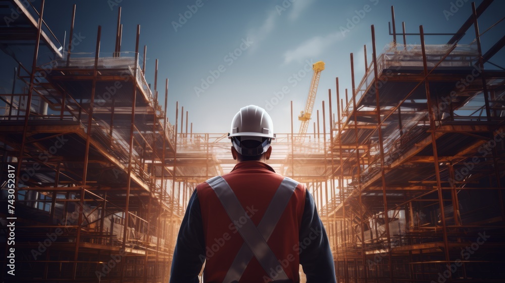Poster generative ai construction site with a builder overseeing scaffolding assembly, safety-conscious, pr