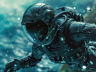 Aquatic creature in a high-tech spacesuit navigating the surface of a water planet