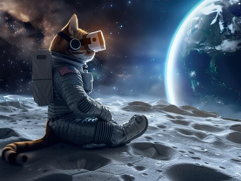 Commercial 3D illustration of a cat in a space suit and VR headset sitting on the moon looking at a virtual Earth blending reality and virtual experiences