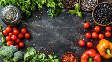 Big set organic food. Fresh raw vegetables on black chalkboard. - 743053091