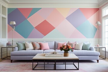 Pastel Tones Coastal Villa Living Room: Geometric Accent Wall Ideas