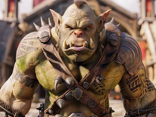 Generate a detailed 3D design of an orc entity in a fantasy game setting with unique characteristics such as distinctive tribal tattoos and unusual bone structure - obrazy, fototapety, plakaty