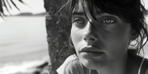 portrait en gros plan noir et blanc d'un visage de femme pensive et triste regardant l'horizon au bord de mer