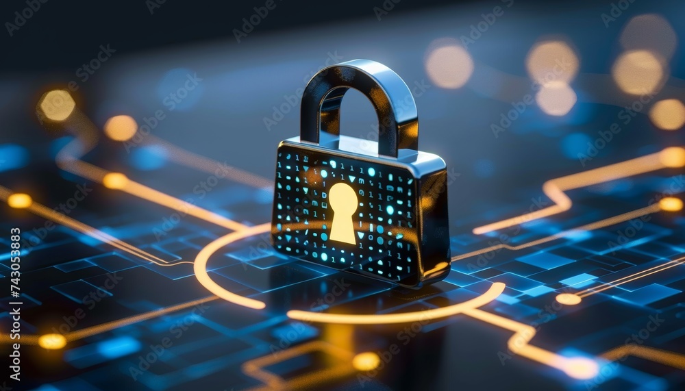 Poster enter cybersecurity art merging hacker alerts, digital risks, and data protection in a tech domain.