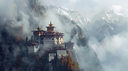 A serene monastery nestled within misty Himalayan peaks