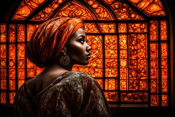  woman with a turban in front of a orange stained glass window  - obrazy, fototapety, plakaty