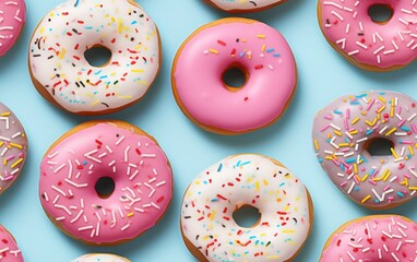 Flying Frosted sprinkled donuts. Stack of different donuts. Chocolate donut. Strawberry Donut. Pink Donut. Fire Donut.