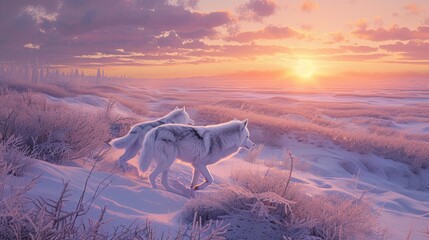 Create a vivid representation of an arctic tundra at dawn where the sun rises over the snowy plains and a pair of white wolves sprint joyously - obrazy, fototapety, plakaty