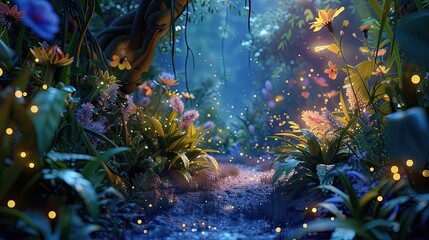 Design a 3D animation of a whimsical fairy woodland at twilight with bioluminescent plants and shimmering pixie dust in the air - obrazy, fototapety, plakaty