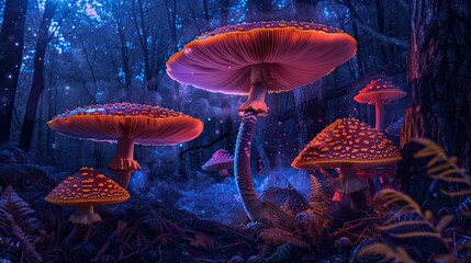 Fototapeta premium Giant mushrooms in a glowing neon forest