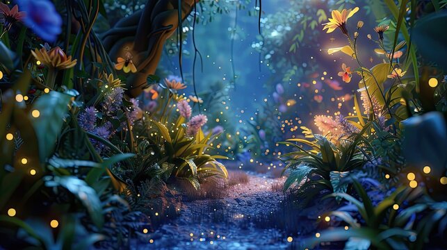 Design a 3D animation of a whimsical fairy woodland at twilight with bioluminescent plants and shimmering pixie dust in the air