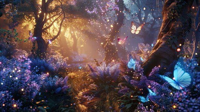 Design a 3D animation of a whimsical fairy woodland at twilight with bioluminescent plants and shimmering pixie dust in the air