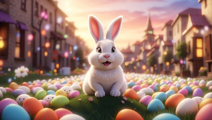 A sweet white Easter bunny with many colorful Easter eggs on a street - obrazy, fototapety, plakaty