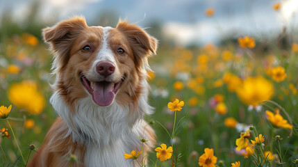 Dog on spring medow flowers at sunset - 743054697