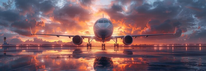As the aircraft sits on the wet runway at sunset, the electric blue clouds create a symmetrical landscape with circles of trees, creating a serene travel event