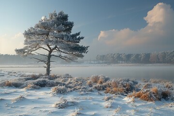 Dutch heathland landscape in winter season with pine tre - obrazy, fototapety, plakaty