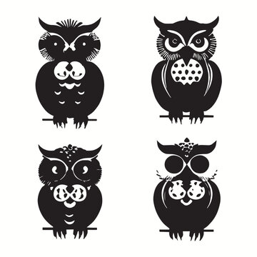 set of owls on black