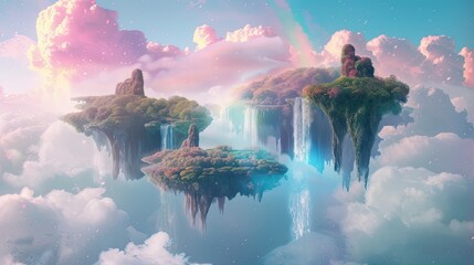 A fantastical dreamlike landscape with floating islands cascading waterfalls in the sky and rainbow-colored plants for a unique fantasy-themed digital artwork