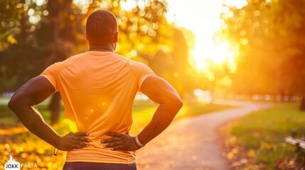 Man in pain, holding lower back after park exercise, suffering from muscle injury.