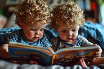 Two young children, toddlers, sitting on a bed reading a book together