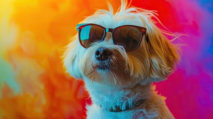 A stylish dog donning fashionable glasses and sitting gracefully in front of a vibrant and unique rainbow backdrop