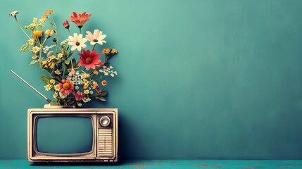 vintage TV with flowers growing out of it, teal background