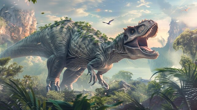 A stunning and unique backdrop background showcasing the dynamic interplay between a dinosaur and its fossil in a captivating natural environment
