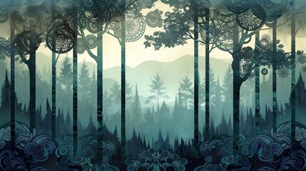 A unique backdrop background depicting a serene forest landscape where the trees are made of intricate glass patterns crafted in an illustrative style