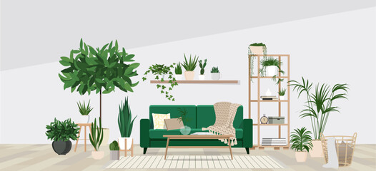 Living room interior with furniture and beautiful different potted green plants. House decor