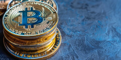 stack of bitcoin coins on blue surface with space for text
