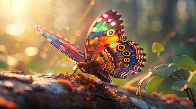 A unique illustrators interpretation of a brightly colored butterfly stretching its wings in the warm sunshine