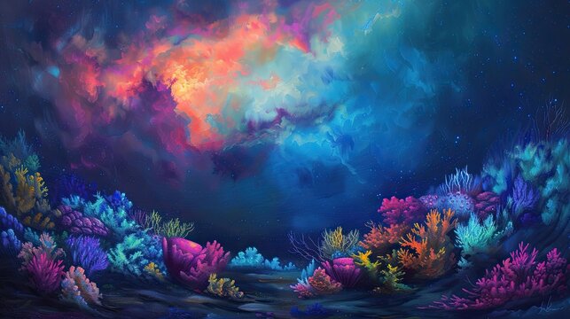 A vibrant coral reef illuminated with an ethereal glow the flaming colors of a galaxy fusion in the background submerged deep in the aqua expanse of the ocean