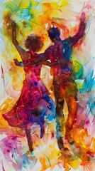 An abstract watercolor painting depicting a passionate Latin dance