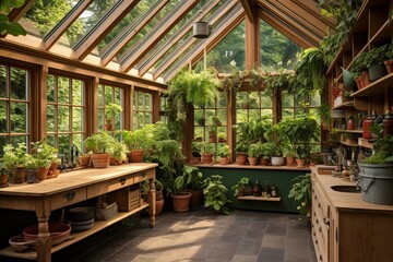 Rustic Greenhouse-Inspired Kitchen: Intertwining Wooden Frames with Lush Green Herbs