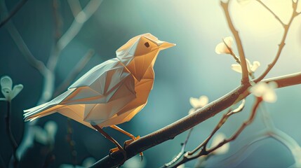 Capture the essence of a paper bird spotlighted against a backdrop background that contrasts and highlights its delicate origami form embodying a unique tranquil solace