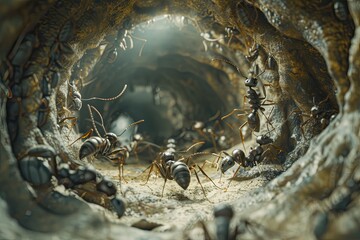 Create a uniquely detailed piece featuring a colony of ants magnified to super macro proportions As a 3D animator and illustrator you should bring out every aspect of - obrazy, fototapety, plakaty