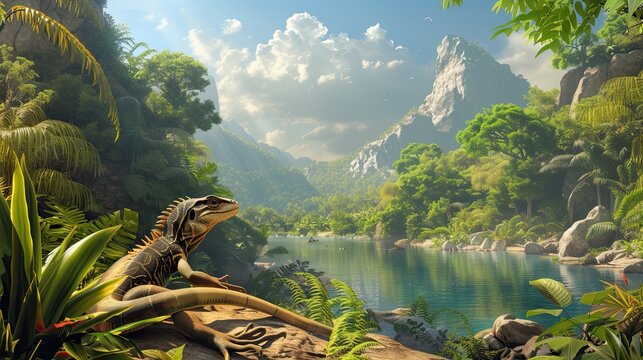 Create an exceptional image with a focus on lizards a serene lake scene all set in the lush and untamed landscapes of the Jurassic period