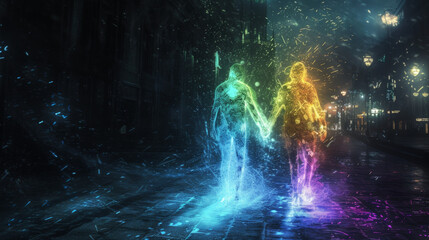 Ethereal Journey: Multi-Colored Beings in a Hazy City
