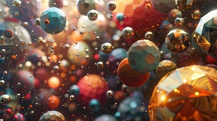 Envision a surreal 3D animation featuring a myriad of texture-rich spheres and circles in geometric delight