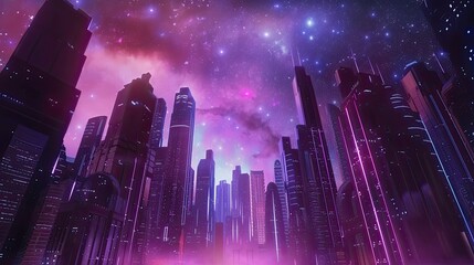 Futuristic cityscape under a starry sky in a 3D depiction