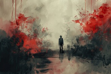 Illustrate the aftermath of an unsolved murder surrounded by an abstract interpretation of blood captured in a haunting yet unique style - obrazy, fototapety, plakaty