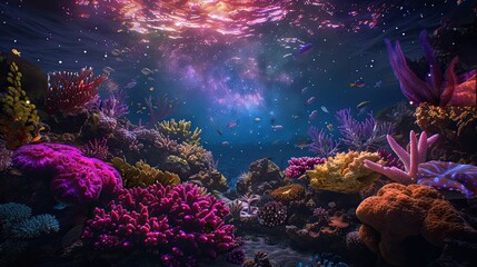 Underwater marvels brought to life with glowing corals set against the backdrop of a mesmerizing galaxy all placed in a dreamy oceanic setting
