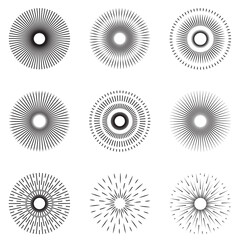 Radial sun burst. Sunburst design elements collection. Sunburst radial stripes vector icon set. Starburst collection. Sun rays icon, shine and sunburst line icon. 