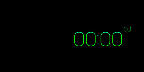 Clock, numbers zeros, timer. Green electronic watch concept on a black empty background.3D render