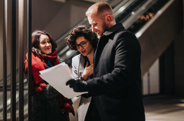 Three business partners engaged in a discussion while reviewing papers outdoors in the evening,...