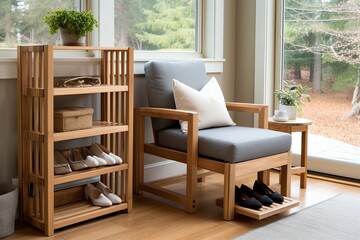 Fototapeta premium Wooden Shoe Rack Armchair: Modern Farmhouse Entryway Designs