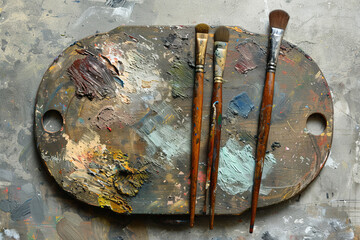 Art supplies palette and brushes for painting